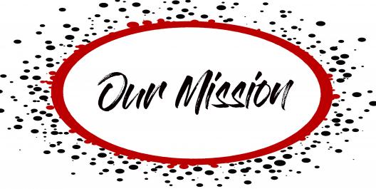 White circle with red outline and black and red speckles, with Our Mission written in handwritten font